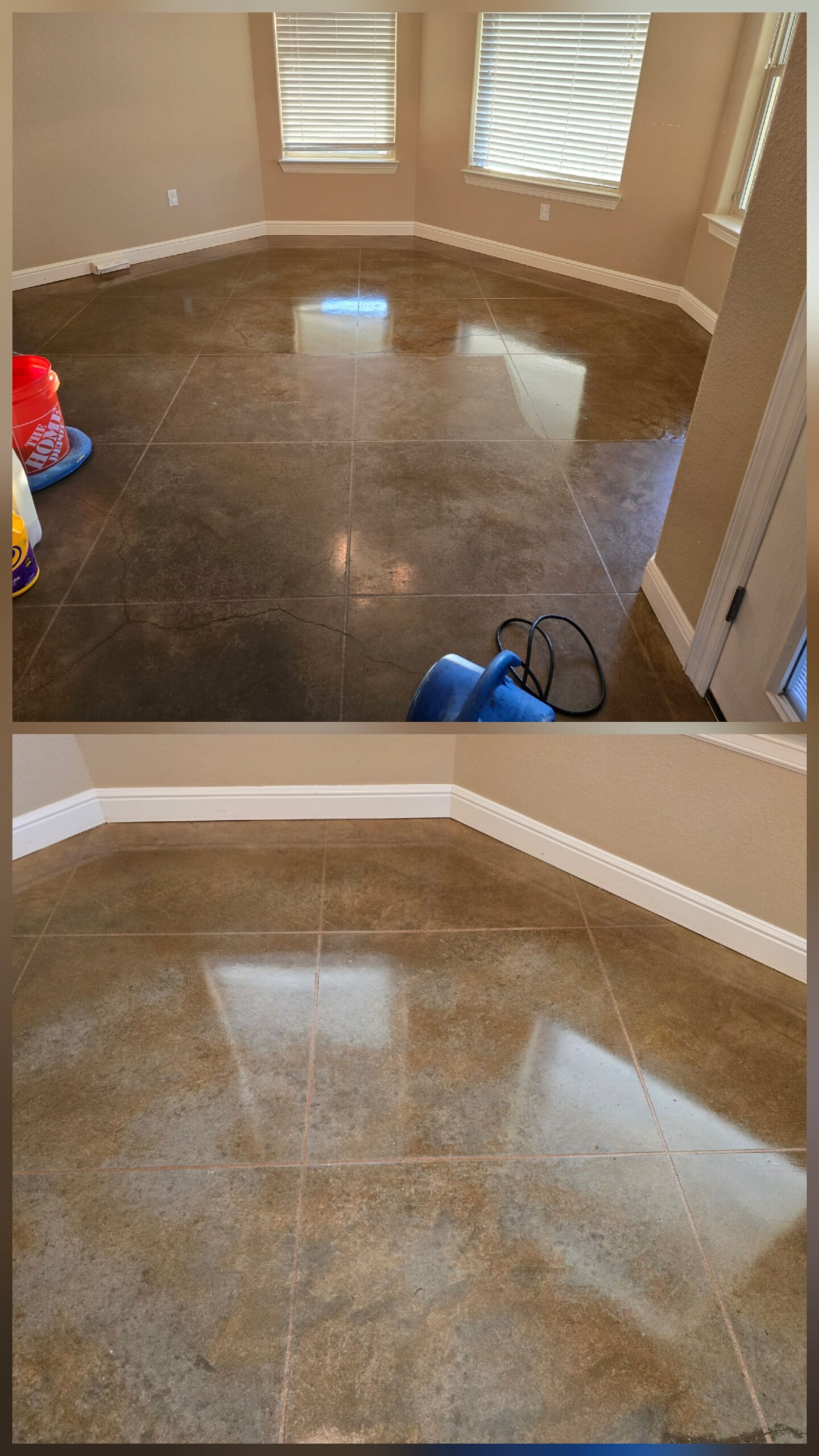 Stained concrete floor restoration by Granbury Carpet Cleaning.
