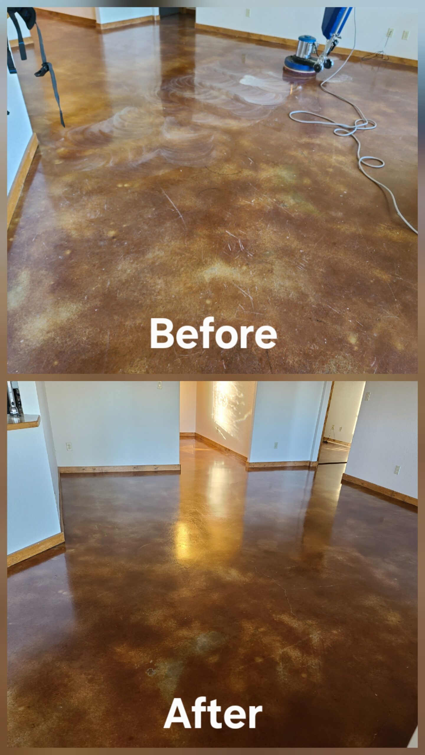 Stained concrete cleaning and restoration by Granbury Carpet Cleaning.